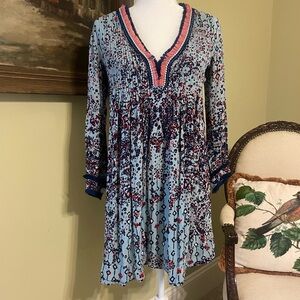 Poupette St. Barth Red and Blue V-Neck Long Sleeve Dress
